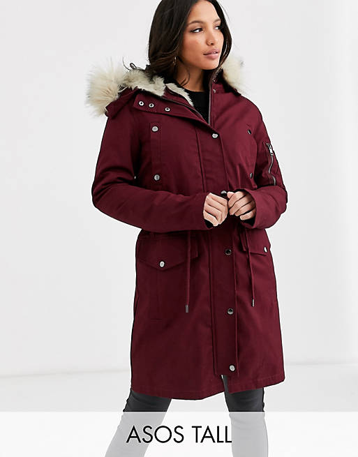 ASOS DESIGN Tall parka with detachable faux fur liner in oxblood