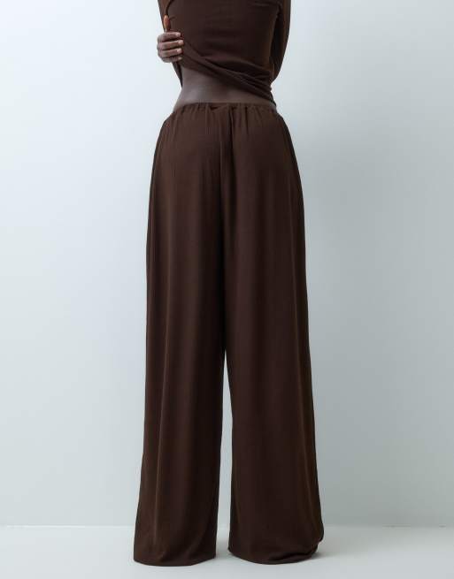 ASOS DESIGN Tall parte inferior de estar por casa acanalada de pernera ancha Mix & Match en chocolate, 5 de 5