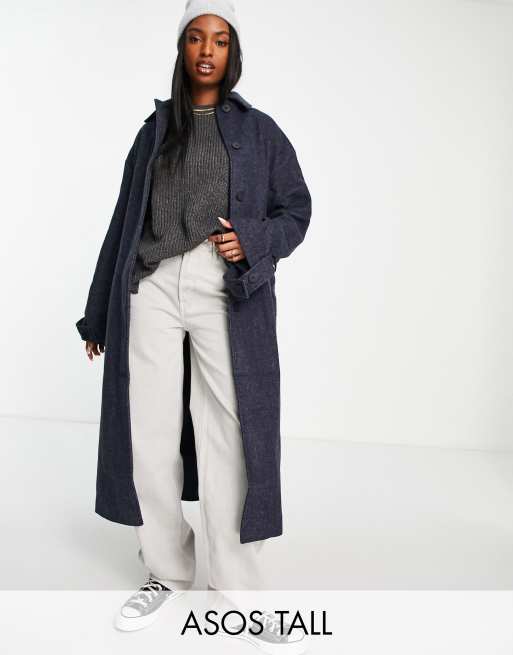 ASOS DESIGN Tall – Płaszcz maxi oversize o fasonie boyfriend z granatowego diagonalu