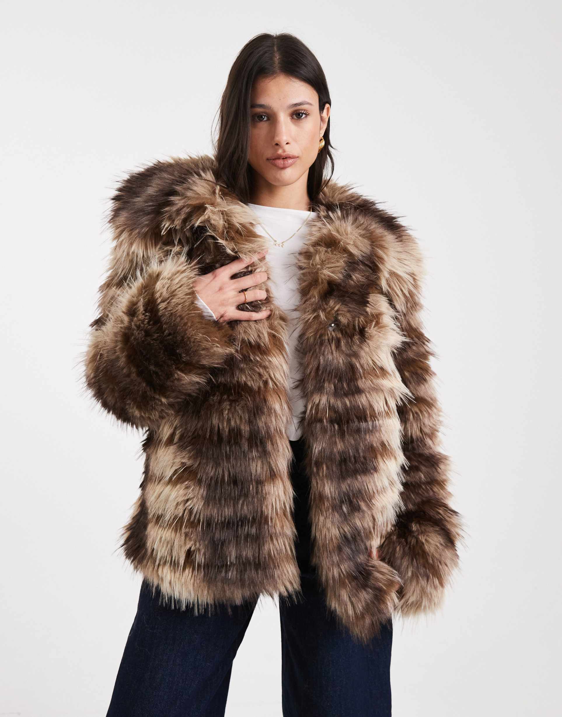 asos design tall patched stripes short faux fur jacket in brown