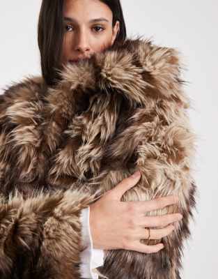 Asos Tall Asos Design Tall Patched Stripes Short Faux Fur Jacket In Brown