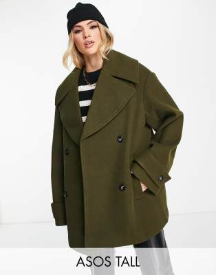 ASOS DESIGN Tall pea coat in khaki