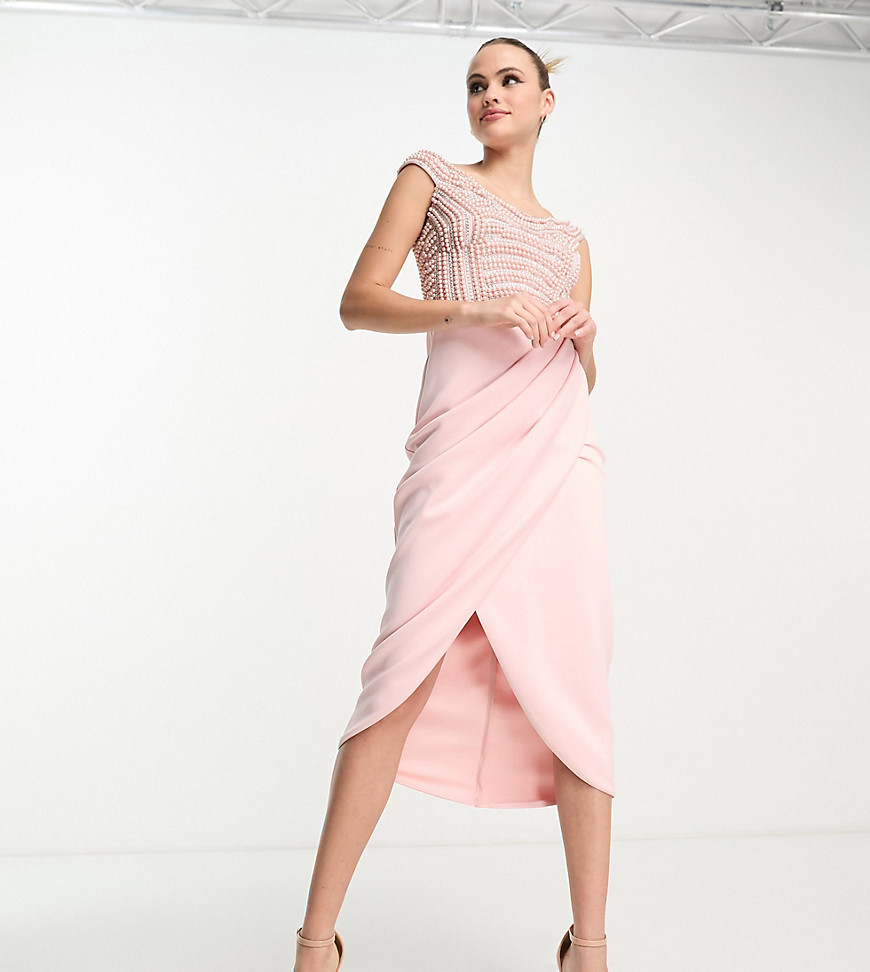 Asos Tall Asos Design Tall Pearl Embellished Off-shoulder Wrap Midi Dress In Rose Pink-multi