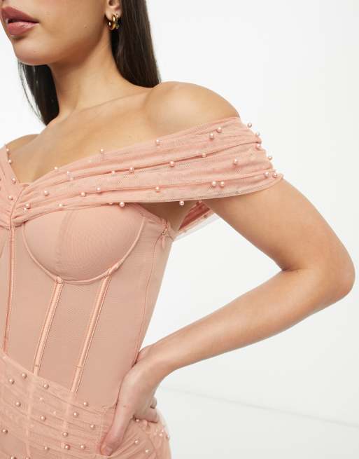 Colla Mesh Off Shoulder Long Sleeve Corset Top - Pink / XS