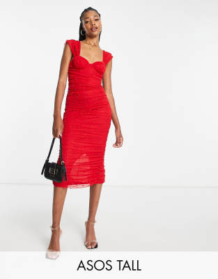 ASOS DESIGN Tall pearl mesh corset midi dress in red