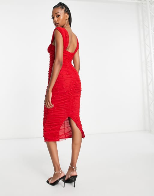 ASOS DESIGN Maternity mesh long sleeve ruched midi dress in red