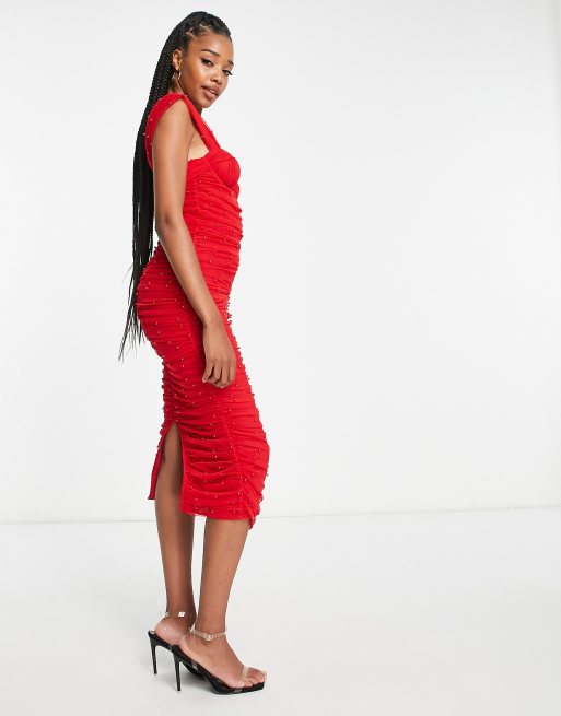 ASOS DESIGN Tall pearl mesh corset midi dress in red