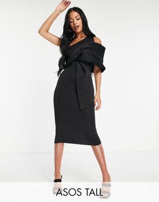 ASOS DESIGN Tall peekaboo shoulder tuck midi pencil dress in black | ASOS