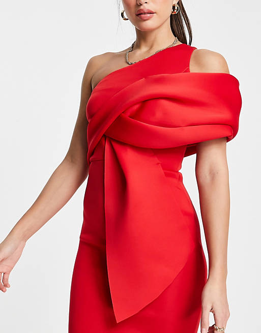 Women Tall peekaboo shoulder tuck midi pencil dress in bright red 