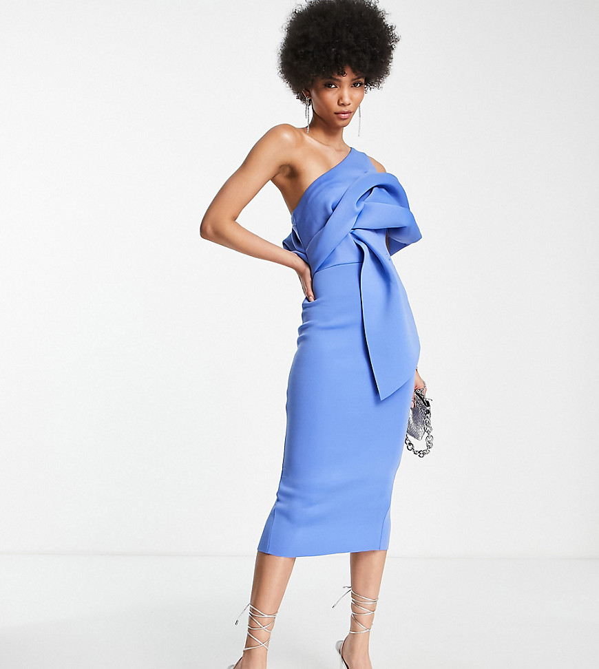 ASOS DESIGN Tall peekaboo shoulder tuck midi pencil dress in Parisian blue