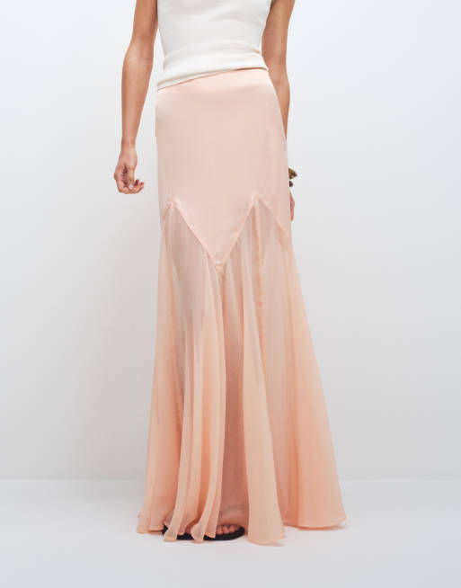 ASOS DESIGN Tall – Persikofärgad kjol i satin och chiffongmix med fishtail, 2 av 7