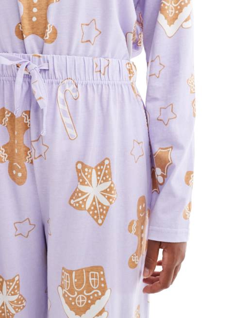 ASOS DESIGN Tall - Pigiama viola con stampa di casette di pan di zenzero composto da pantaloni e top a maniche lunghe, 4 di 4