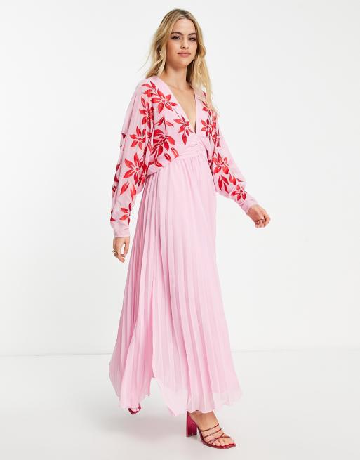 ASOS DESIGN Tall - Pink plisseret maxikjole med dyb udskæring og flagermusærmer med broderi , 4 af 4