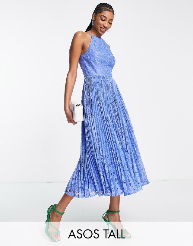 ASOS DESIGN Tall pinny midi prom dress with pleated lace in blue