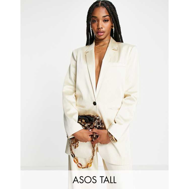 ASOS DESIGN Tall pinstripe satin oversized dad suit blazer in cream