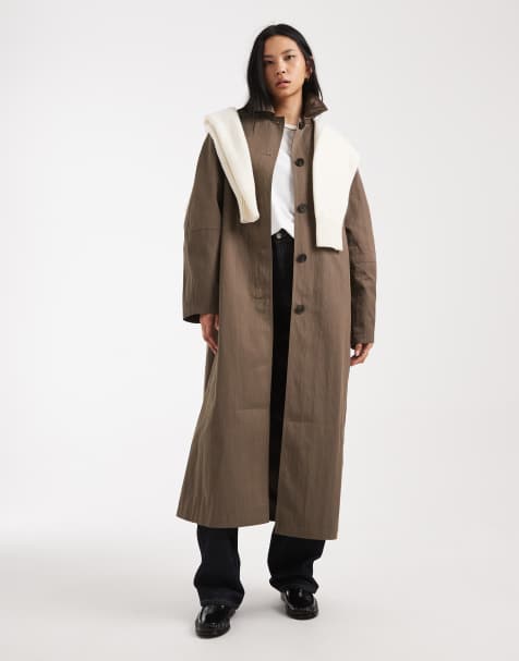 ASOS DESIGN Tall pleat detail long line trench coat in mushroom - view 1