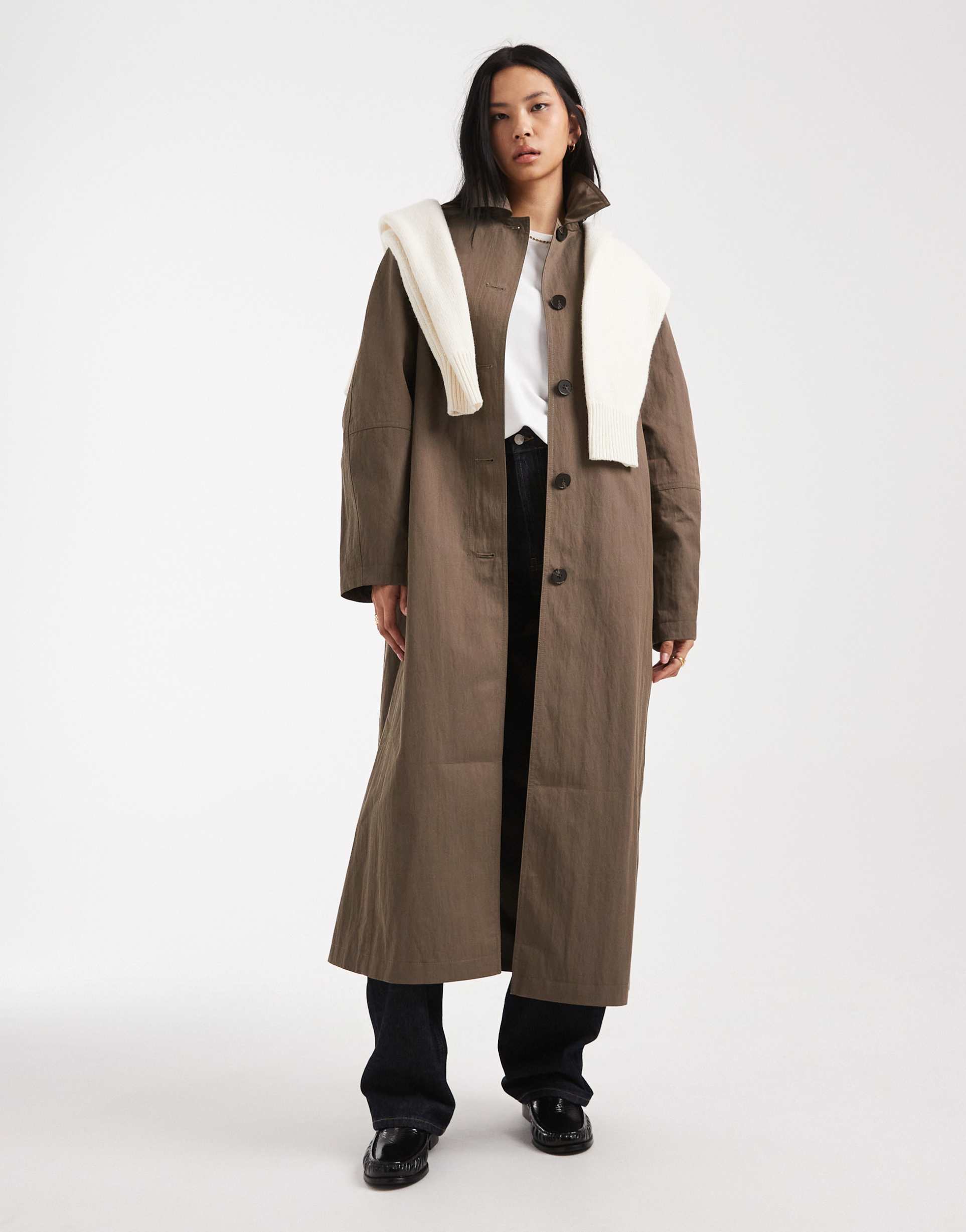 asos design tall pleat detail longline trench coat in mushroom