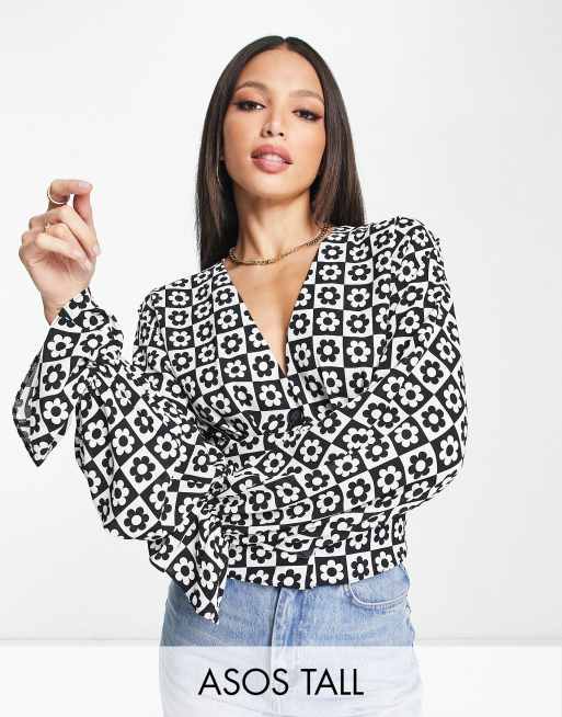 ASOS DESIGN Tall pleat front long sleeve blouse with button front in flower  mono check