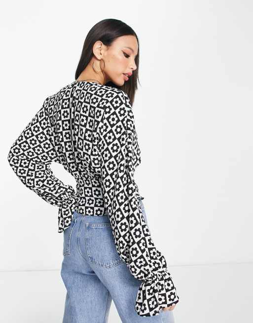 ASOS DESIGN Tall pleat front long sleeve blouse with button front in flower mono check , 2 of 4