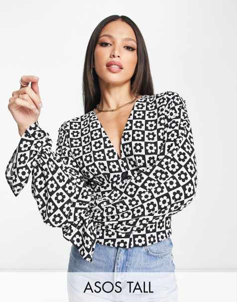 ASOS DESIGN Tall pleat front long sleeve blouse with button front in flower mono plaid - view 1