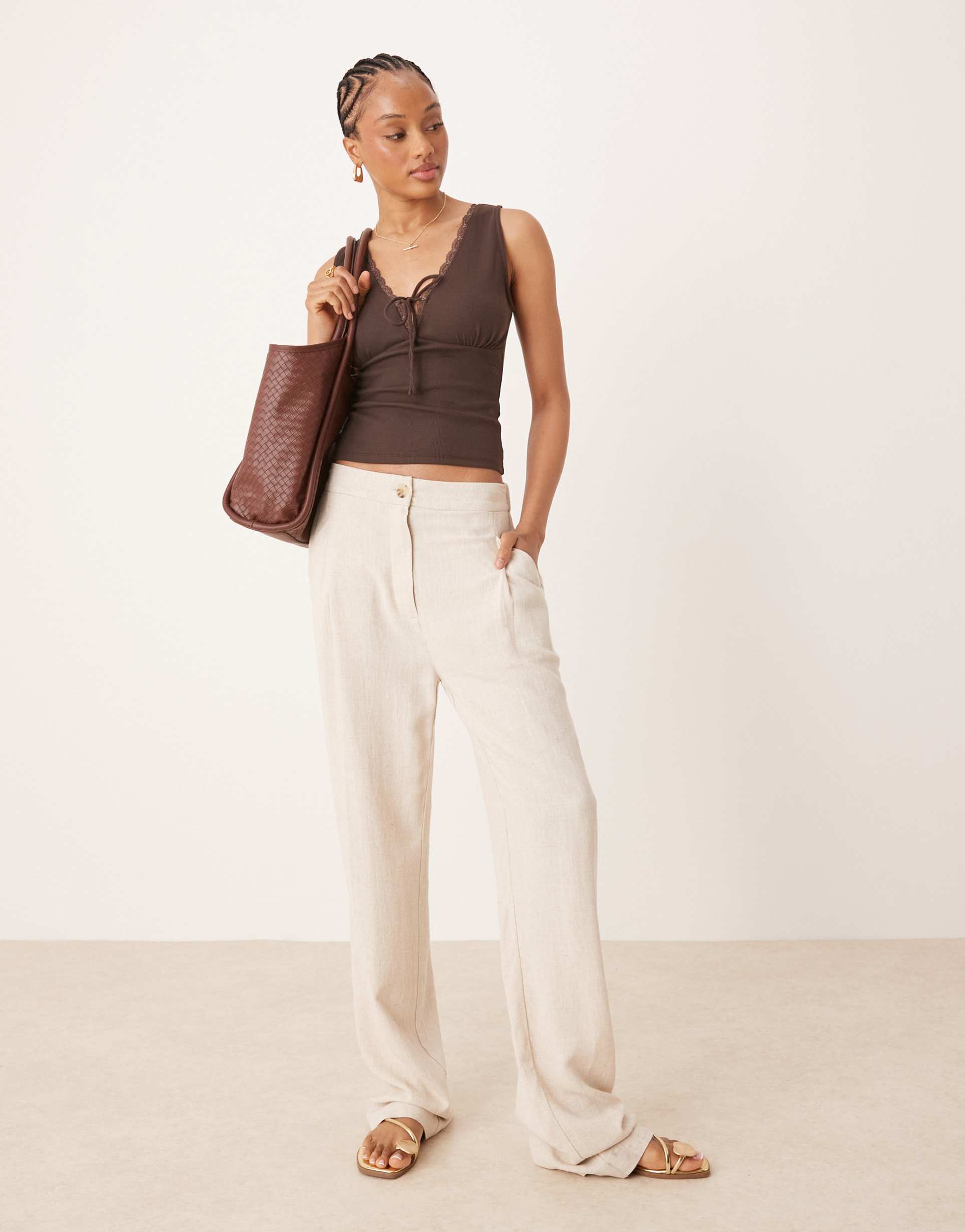 asos design tall pleat front tapered linen blend pants in stone
