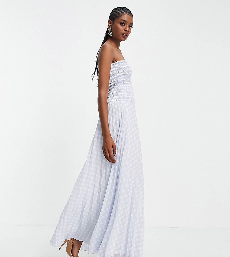 ASOS DESIGN Tall pleated bandeau maxi dress in blue white gingham-Multi
