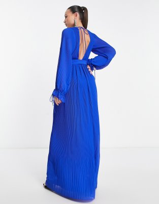 ASOS DESIGN Tall pleated blouson sleeve maxi dress with belt detail in  cobalt blue