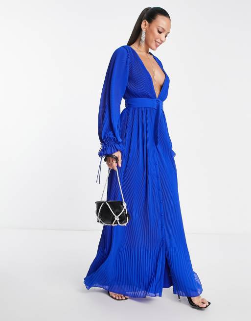 ASOS DESIGN Tall pleated blouson sleeve maxi dress with belt detail in  cobalt blue