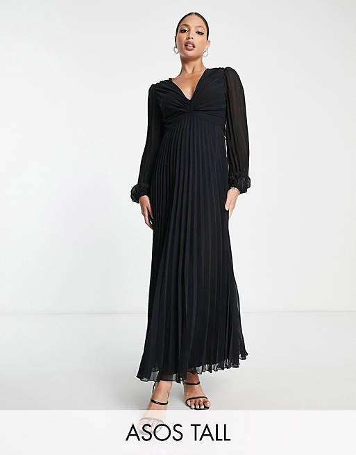ASOS DESIGN Tall pleated bodice plunge neck midi dress in black | ASOS