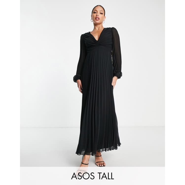 ASOS DESIGN Tall pleated bodice plunge neck midi dress in black | ASOS