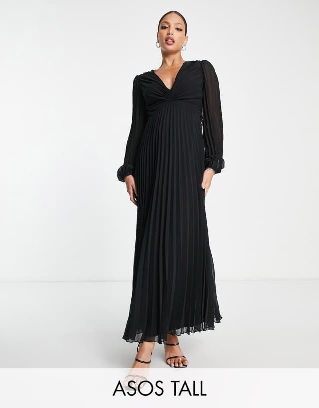 ASOS DESIGN Tall pleated bodice plunge neck midi dress in black