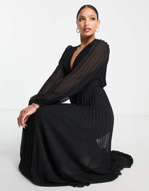 ASOS DESIGN Tall pleated bodice plunge neck midi dress in black | ASOS
