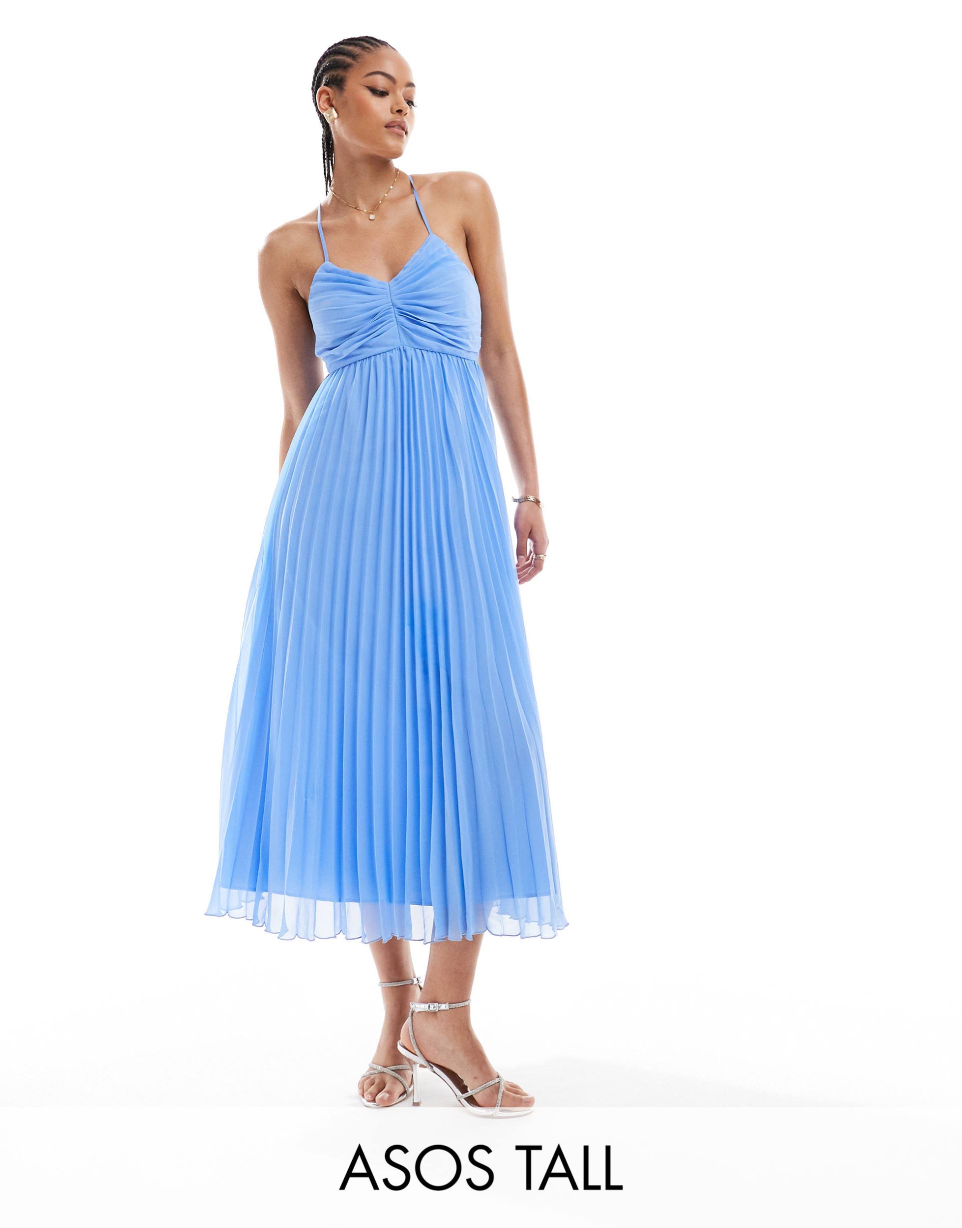 asos design tall pleated bodice strappy pleat midi dress in cornflower blue