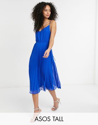 ASOS DESIGN Tall pleated cami midi dress with drawstring waist in cobalt blue