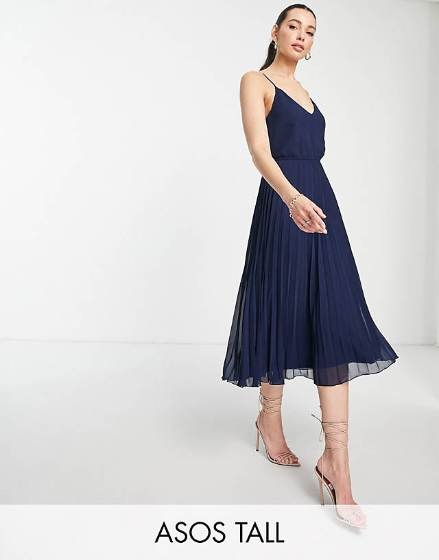 ASOS DESIGN Tall pleated cami midi dress with drawstring waist in navy