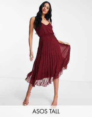 ASOS DESIGN Tall pleated cami midi dress with drawstring waist in oxblood-Red
