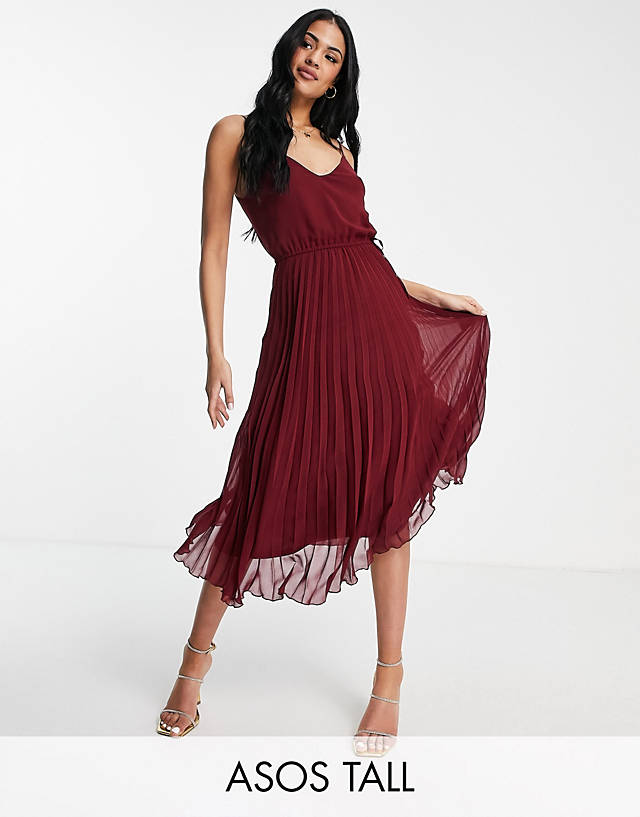 ASOS DESIGN Tall pleated cami midi dress with drawstring waist in oxblood