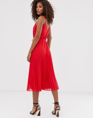pleated cami midi dress with drawstring waist