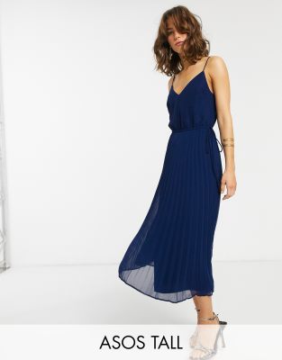 Asos Design Tall Pleated Cami Midi Dress With Drawstring Waist Asos Tall