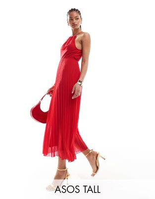 Asos Tall Asos Design Tall Pleated Chiffon Midi Dress With Halter Neck In Red