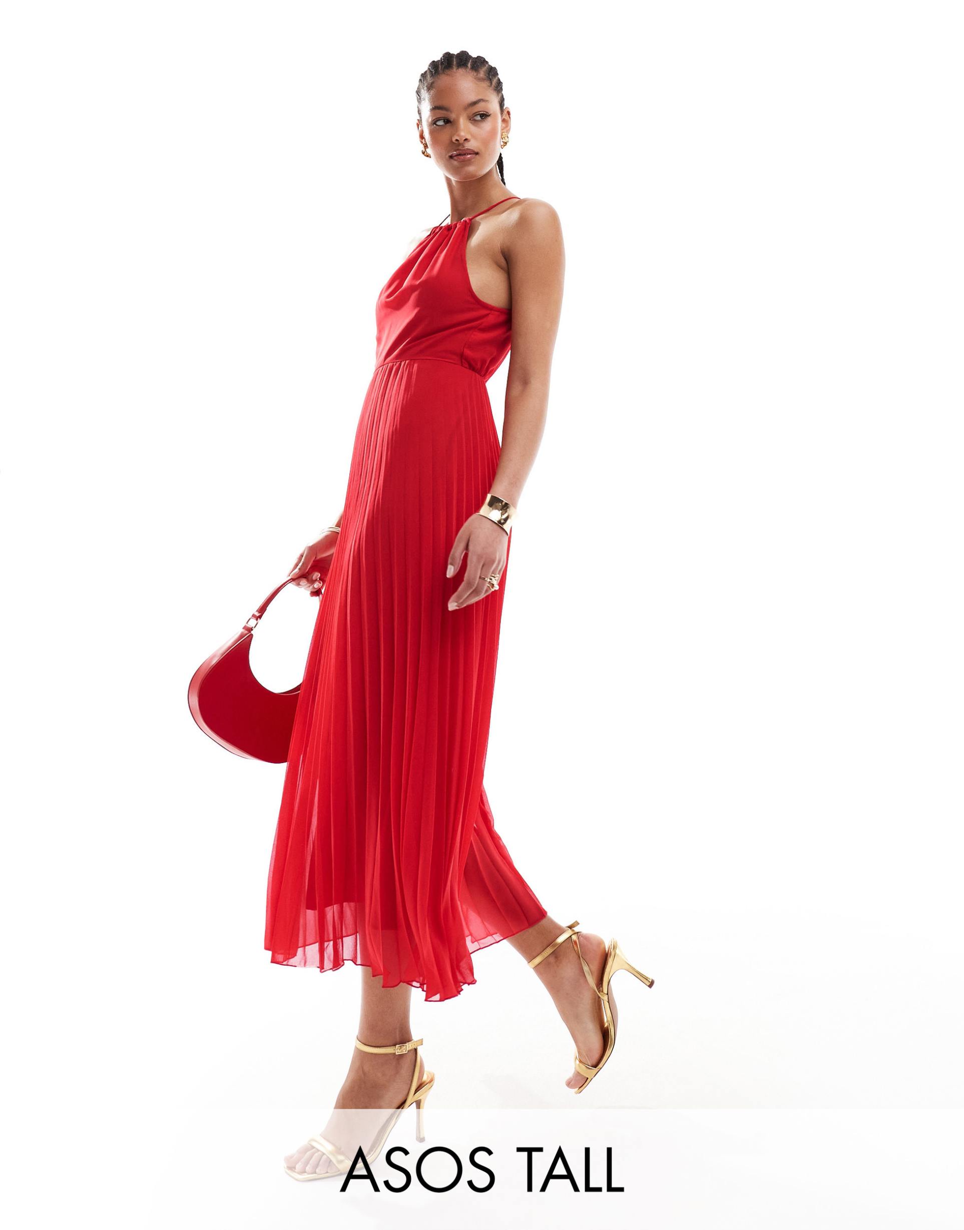 asos design tall pleated chiffon midi dress with halter neck in red