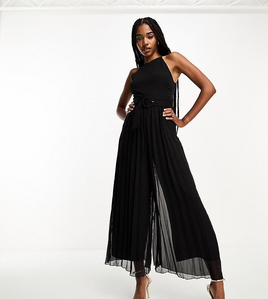 Asos Tall Asos Design Tall Pleated Culotte Jumpsuit With Belt In Black
