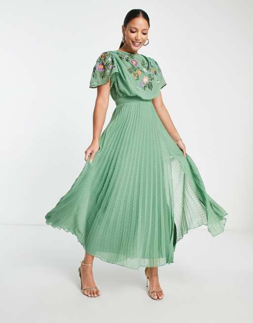 ASOS DESIGN Tall pleated dobby cowl front embroidered midi dress in khaki |  ASOS
