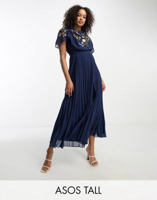 ASOS DESIGN Tall pleated dobby cowl front embroidered midi dress in navy