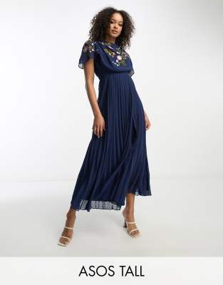 ASOS DESIGN Tall pleated dobby cowl front embroidered midi dress in navy