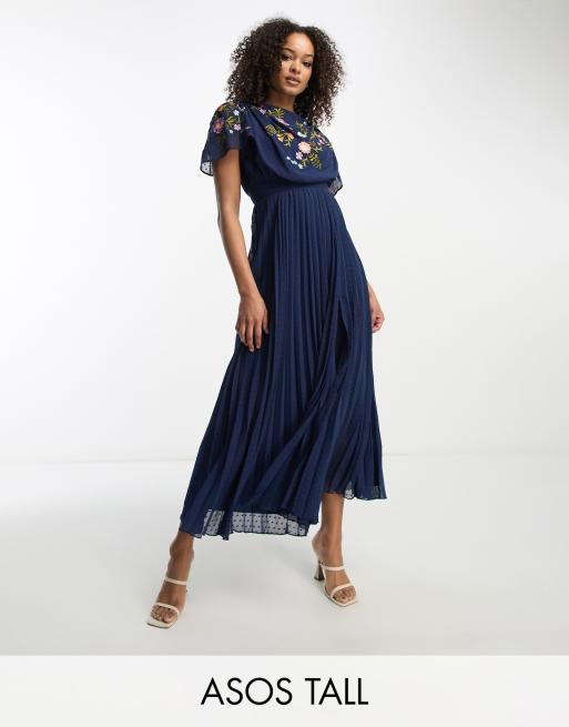 Asos design pleated high neck midi dress with embroidery best sale