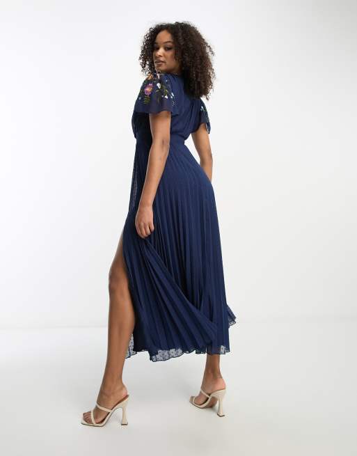 ASOS DESIGN Tall pleated dobby cowl front embroidered midi dress in navy ASOS