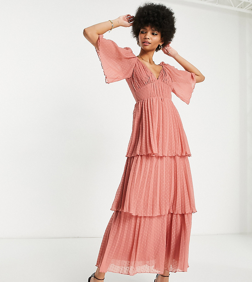 ASOS DESIGN Tall pleated dobby midi dress with tiered skirt in deep rose-Pink
