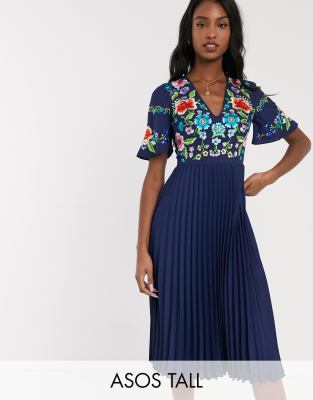 asos design pleated embroidered midi dress