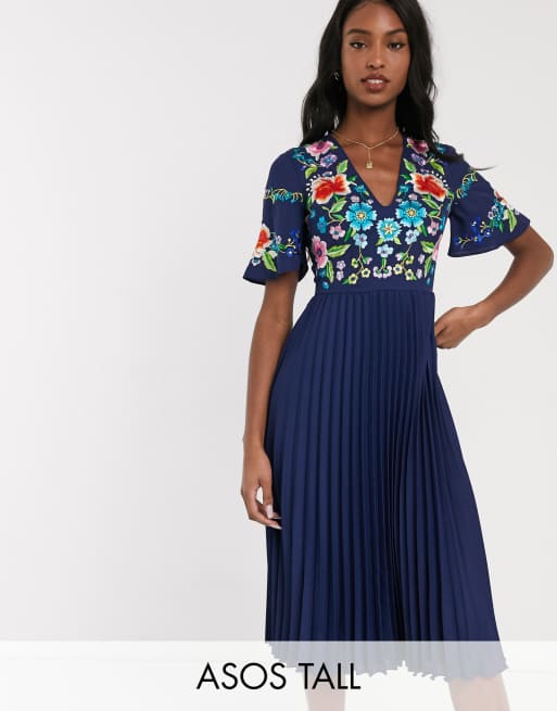 Asos navy pleated on sale dress